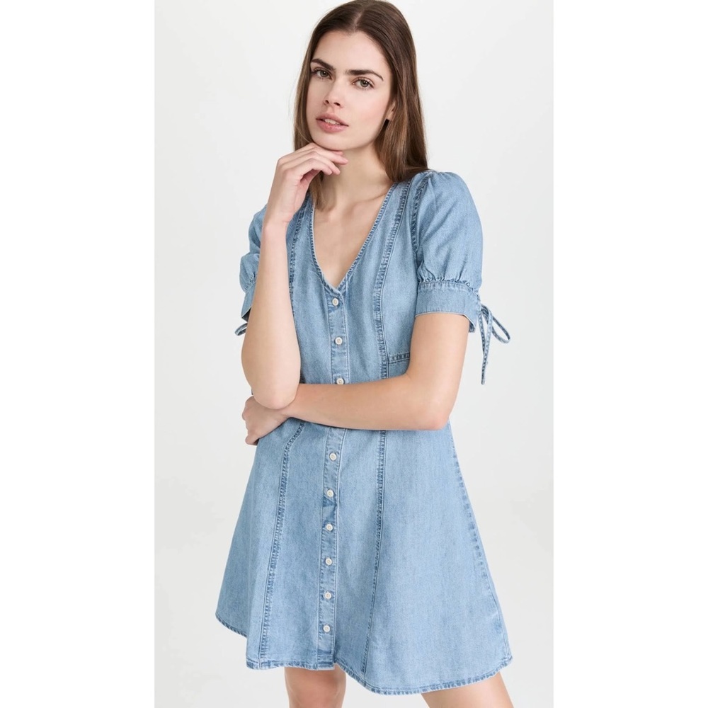 Madewell Button Front Mini Tencel Denim Dress w/ Puff Sleeves & Ties